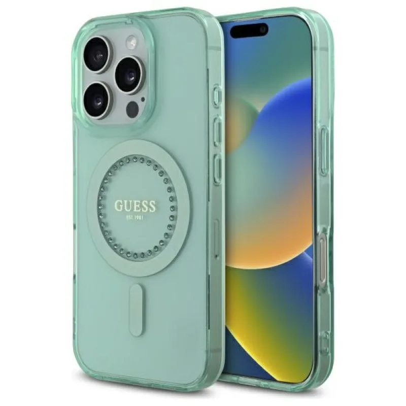 Puzdro Guess IML Rhinestones MagSafe iPhone 16 Pro – zelené
