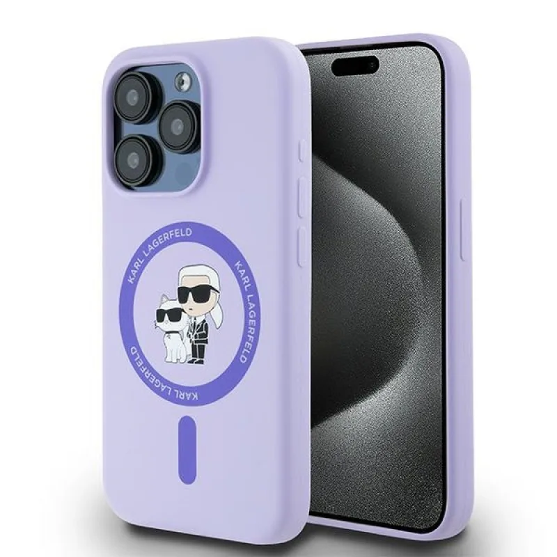 Karl Lagerfeld silikónové puzdro Karl&Choupette Heads Ring MagSafe pre iPhone 15 Pro – fialové