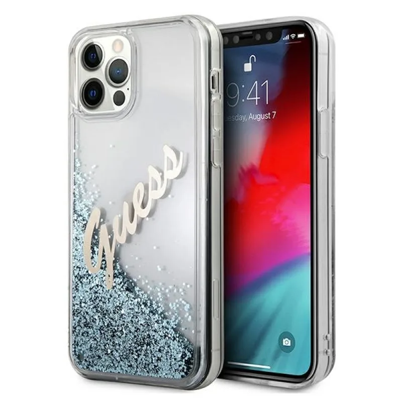 Guess GUHCP12LGLVSBL iPhone 12 Pro Max 6,7" modro/modré pevné puzdro Glitter Vintage Script