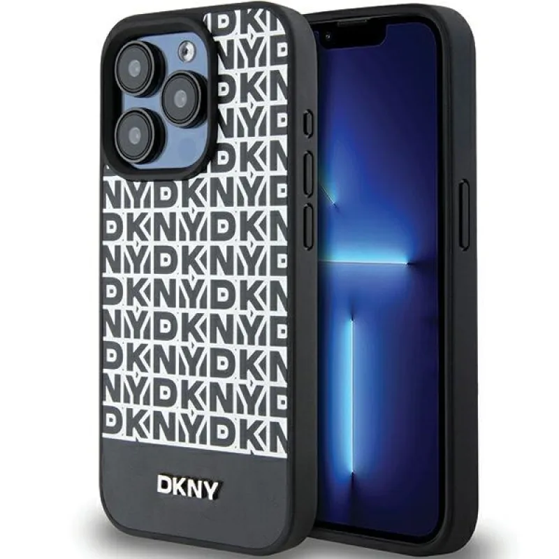 Kožené puzdro DKNY s potlačou kovového loga MagSafe pre iPhone 15 Pro – čierne
