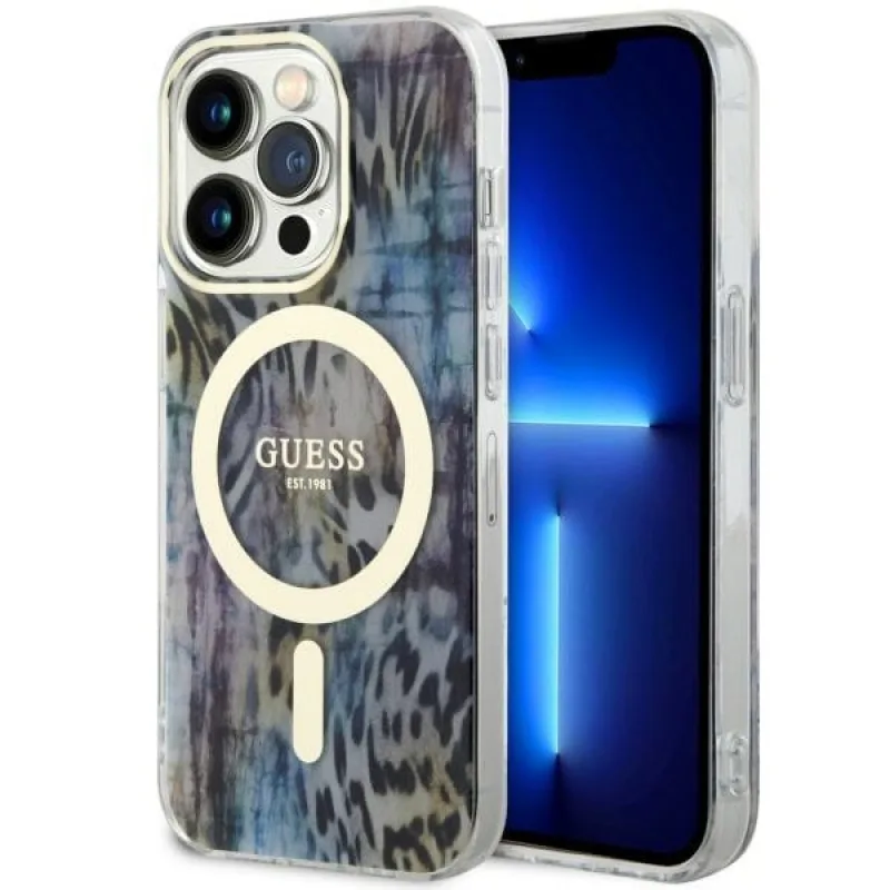 Guess GUHMP14XHLEOPWB iPhone 14 Pro Max 6,7" modro/modré pevné puzdro Leopard MagSafe