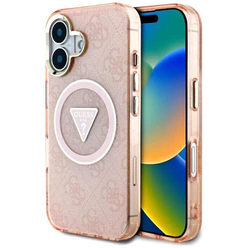 Puzdro Guess IML Metal Glitter 4G Circle Triangle MagSafe pre iPhone 16 - ružové