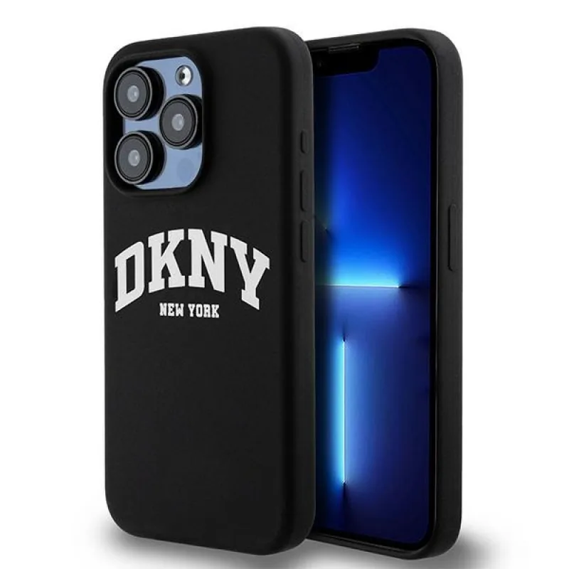 Tekuté silikónové puzdro DKNY s bielym logom MagSafe na iPhone 14 Pro – čierne