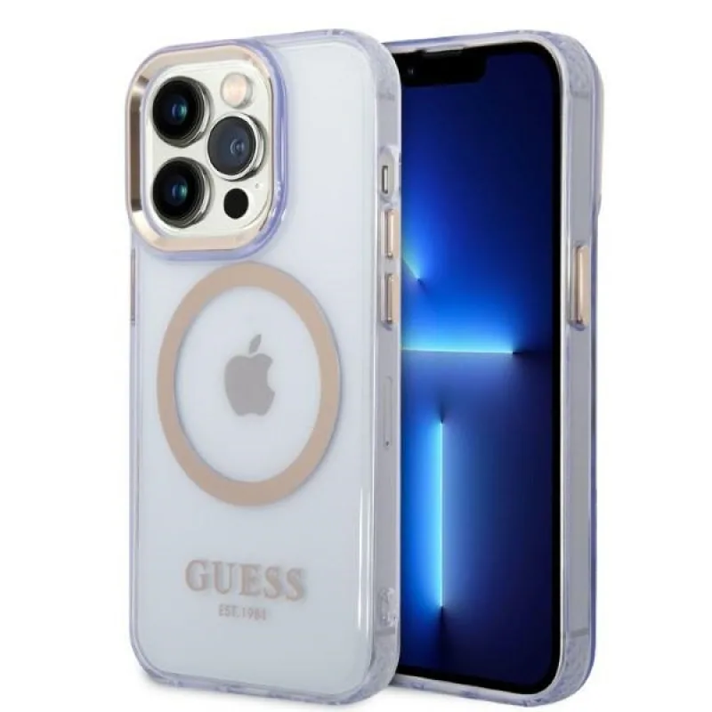 Guess GUHMP14LHTCMU iPhone 14 Pro 6,1" fialovofialové pevné puzdro Gold Outline Translucent MagSafe