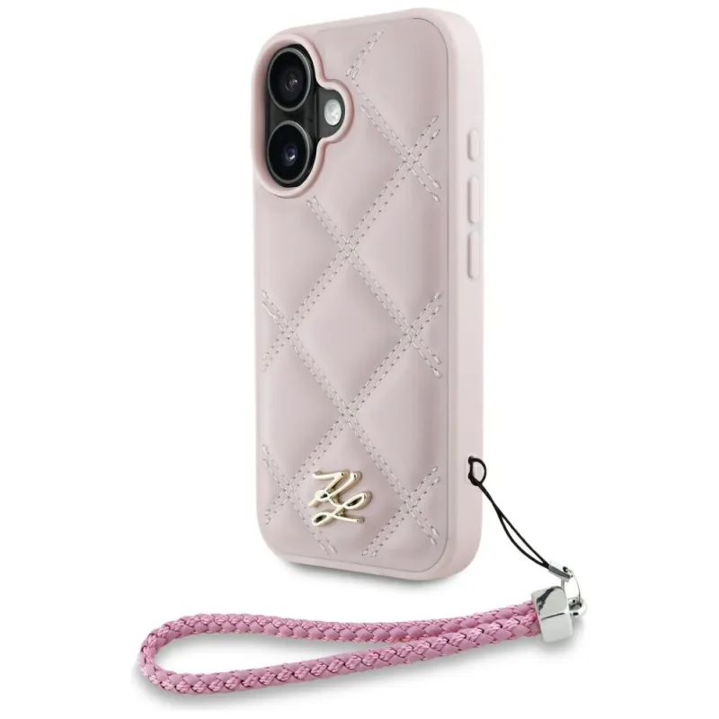 Karl Lagerfeld prešívané počiatočné logo a remienok na iPhone 16 – ružové