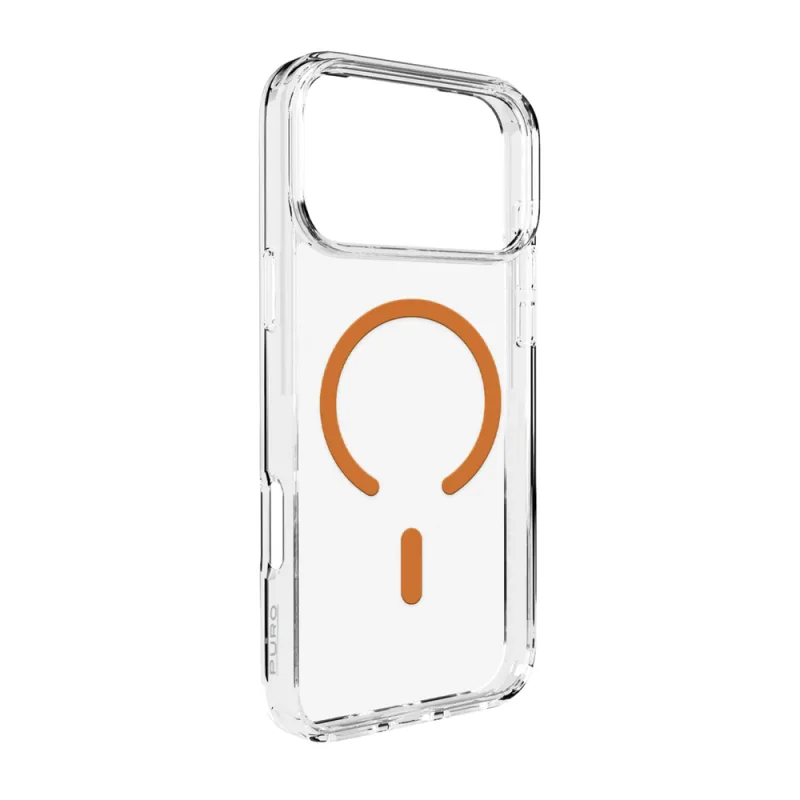 Puzdro Puro Lite Mag TPU+PC kompatibilné s MagSafe pre iPhone 17 Pro – priehľadné s oranžovým krúžkom