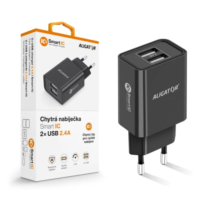 Múdra sieťová nabíjačka ALIGATOR 2, 4A, 2xUSB, smart IC, čierna CHA0038