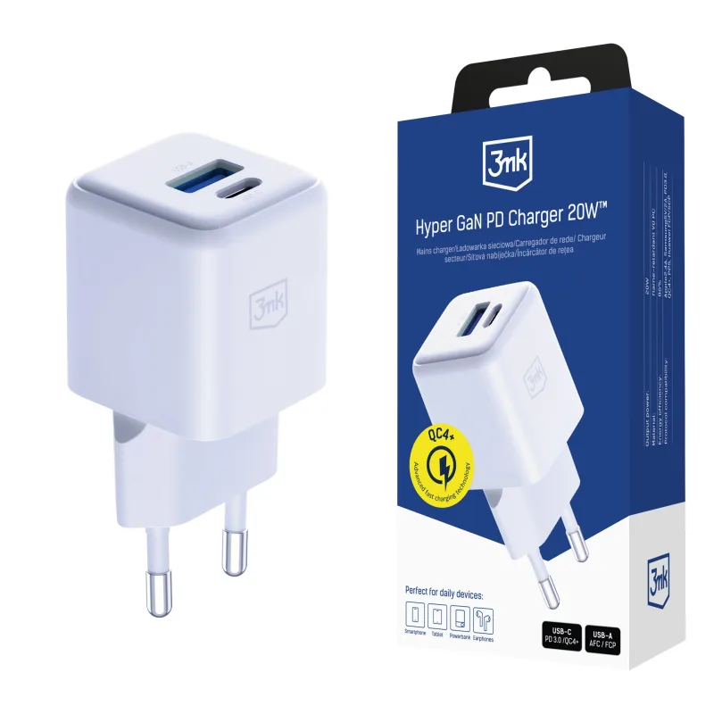 3mk síťová nabíječka Hyper GaN Charger 20W, bílá 5903108640084