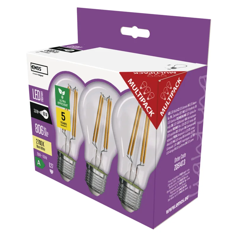 LED žiarovka A60/ E27/ 3, 8W/ 60W/ 806lm/ teplá biela, 3ks 1525283274