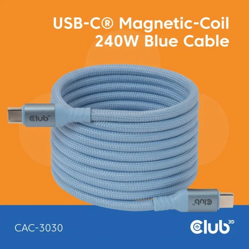 Club3D Kabel magnetický USB-C, 240W PD3.1, 480 Mbps, 2m, modrá CAC…