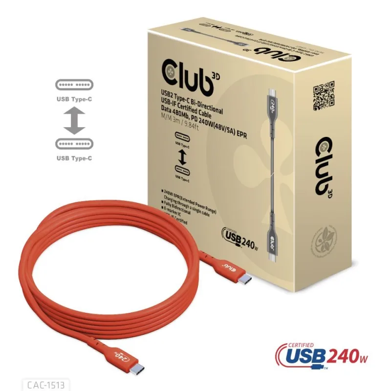 Club3D Kabel USB2 Type-C Bi-Directional USB-IF Certifikovaný 480Mb, PD…