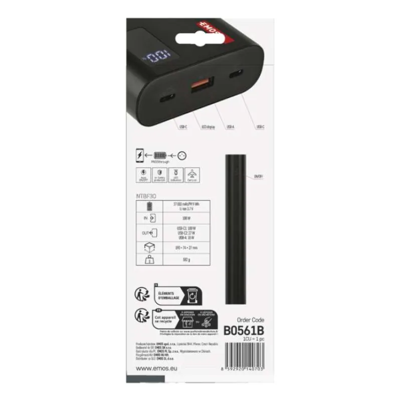EMOS PWB NTBF30 27000 MAH 100 W PD 1×USB-C 1×USB-A (1613056100)