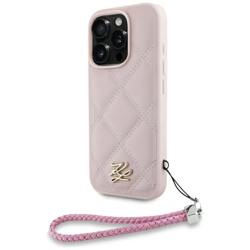 Karl Lagerfeld prešívané počiatočné logo a remienok na iPhone 16 Pro – ružové