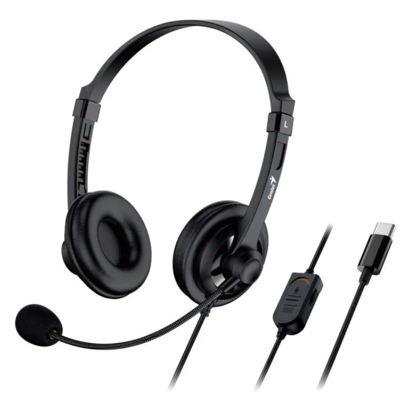 Genius HS-230U, Headset, náhlavní, drátový, s mikrofonem, ovládání hlasitosti, kabel 2,4 m, USB-C, černý (31710021405)