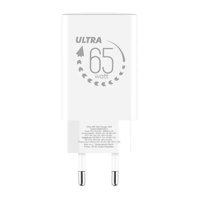 OBAL:ME GaN Cestovná Nabíjačka USB-A + 2xUSB-C 65W White (8596311273490)