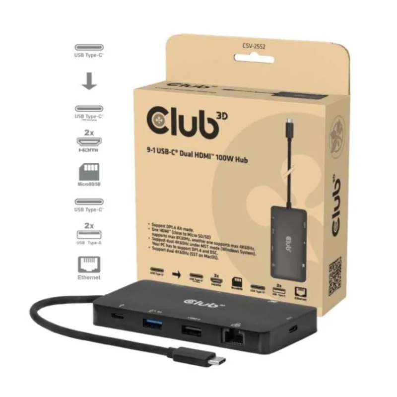 Club3D Dokovací stanice USB-C 9v1, 2xHDMI, 1xUSB-C, 1xUSB-C PD, 2xUSB, 1xRJ45, microSD/SD, černá (CSV-2552)