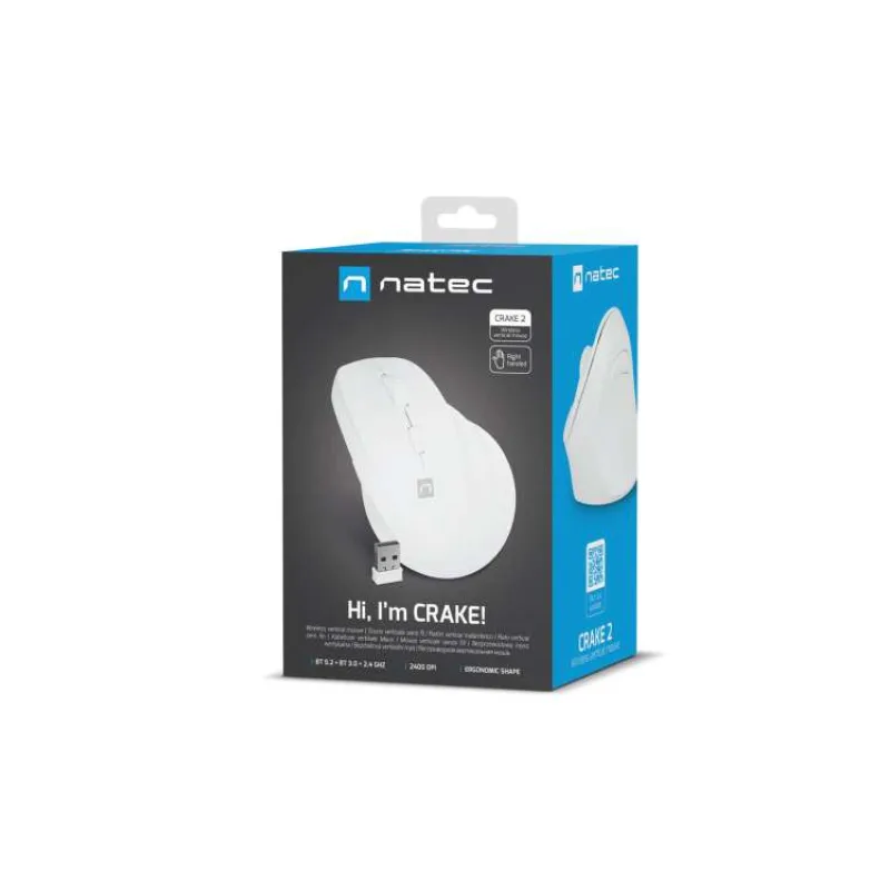 Bezdrôtová myš Natec CRAKE 2/Kancelárska/Optická/2 400 DPI/USB+BT/Biela/Vertikálna/Optická/Pre pravák (NMY-2257)