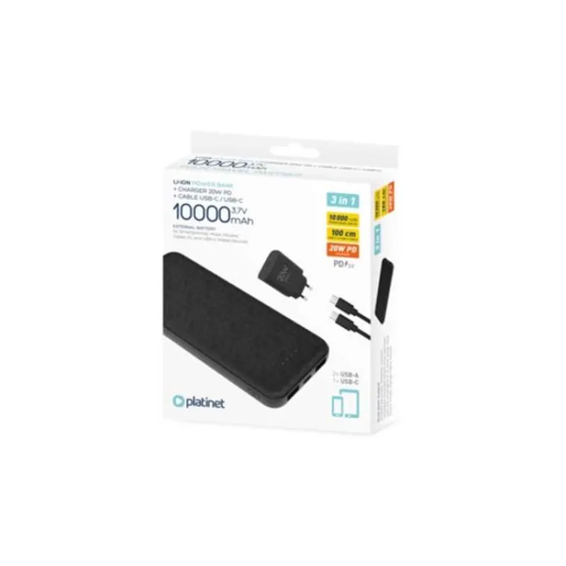 PLATINET POWER BANK 10000 mAh + PD CHARGER 20W + USB-C kabel černá (PMPB10SETB)