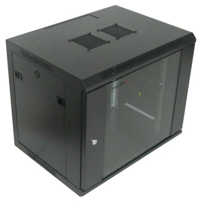 XtendLan 19" nástěnný rozvaděč 9U 600x450, nosnost 60 kg, skleněné kouřové dveře, rozložený, černý (WS-9U-64-BLACK-U)