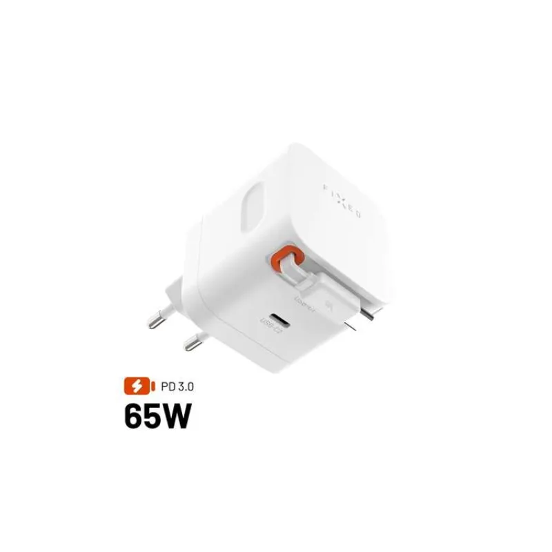 FIXED Sieťová GaNnabíjačka s 2xUSB-C výstupom PD 3.0, so samonavýjacím káblom, 65W, biela (FIXCG65R-2C-WH)