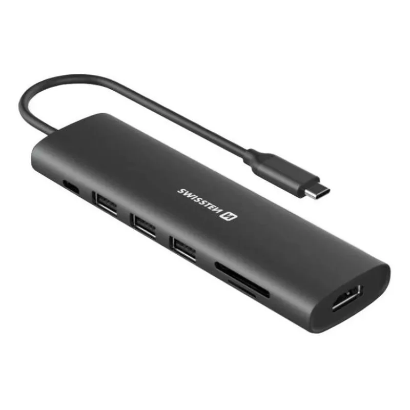 Swissten usb-c hub 7-in-1 (usb-c 100w, hdmi 4k, 1x usb-a 3.0, 2x usb-a 2.0, sd, micro sd) aluminium (44040202)