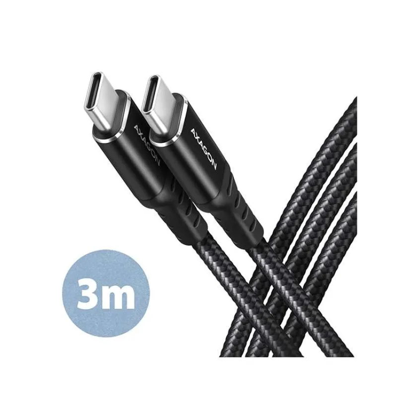 AXAGON datový a nabíjecí kabel USB-C na USB-C / USB2.0 / 3A / PD 60W / opletený / 3m / černý (BUCM-CM30AB)