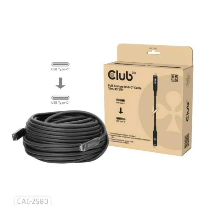 Club3D Kabel USB-C, 10 Gbps, 4K120Hz, 8K60Hz, 60W, Bi-directional, 15m, černá (CAC-2580)