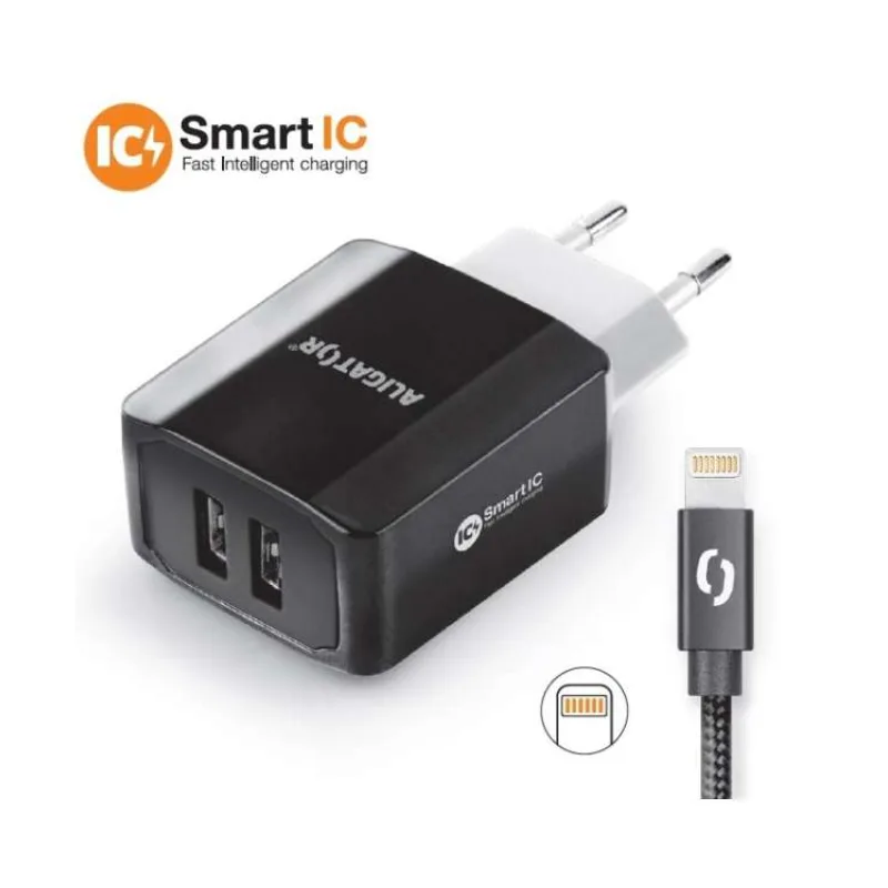Múdra sieťová nabíjačka ALIGATOR 3.4A, 2xUSB, smart IC, čierna, kábel pre iPhone/iPad 2A (CHS0001)