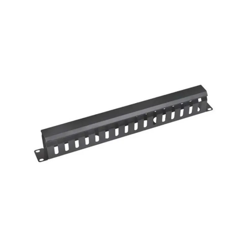 19" vyvazovací panel 1U, celokovový s krytem 40x70mm, průchozí, černý (CMP1USTEEL-B)