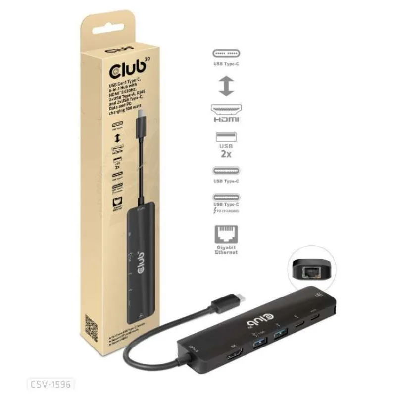 Club3D Hub USB-C, rozbočovač 6 v 1 s HDMI 8K30Hz, 2xUSB typu A, RJ45 a 2xUSB typu C, Data a PD nabíjení 100W (CSV-1596)