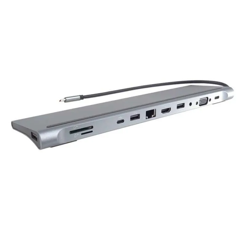 PREMIUMCORD Dokovací stanice USB-C 10v1, 1xHDMI, 1xVGA, 2xUSB-C, 3xUSB, 1xRJ45, čtečka SD karet, šedá (ku31dock17)