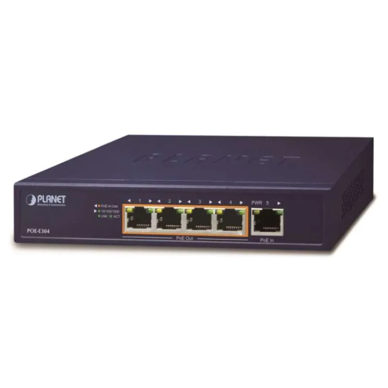 Planet PoE/LAN extender, 1xPoE-in, 4xPoE-out 65W, 802.3bt/at/af, Gigabit (POE-E304)