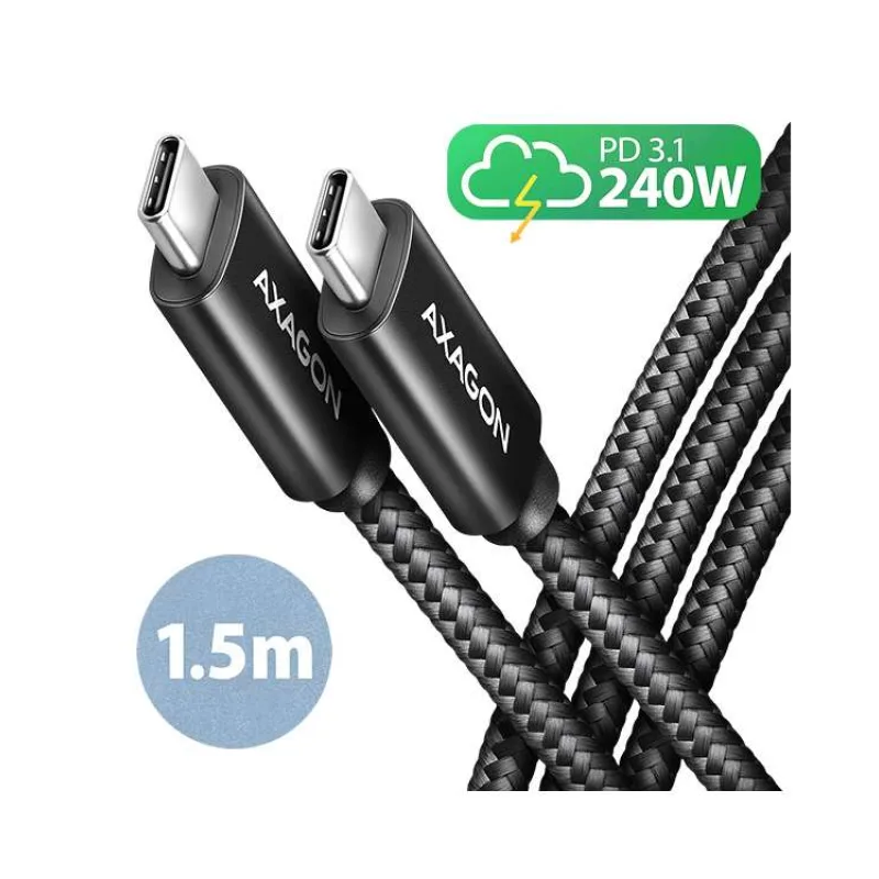 AXAGON BUCM2-CM15AB, CHARGE kabel USB-C - USB-C, 1,5m, Hi-Speed USB, PD 240W 5A, ALU, oplet, černý (BUCM2-CM15AB)