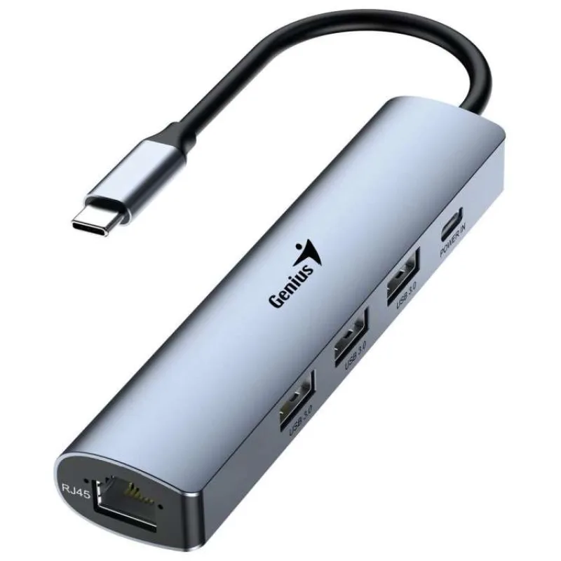 Genius UH-545 USB Hub, externí, USB-C na 3× USB 3.0, 1× USB-C, RJ-45 Gigabit Ethernet, 15cm, šedý (31240004400)