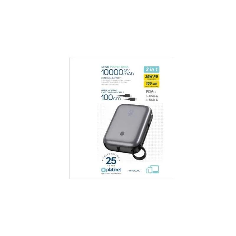PLATINET POWER BANK COMPACT 10000 MAH 20W PD WITH CABLE (PMPB1020C)