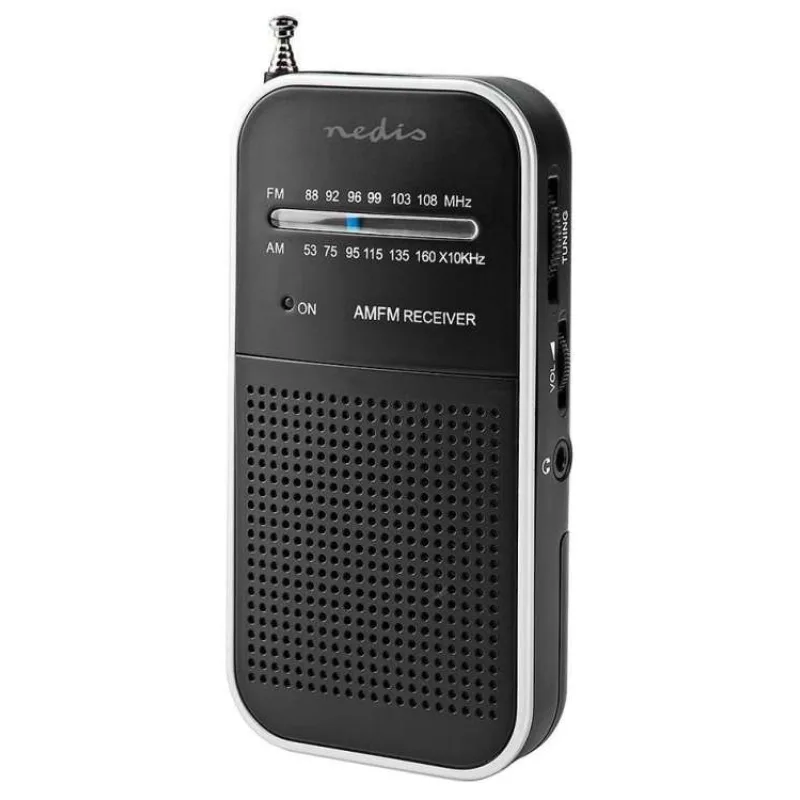 NEDIS přenosné rádio/ AM/ FM/ napájení z baterie/ analogové/ 1.5 W/ výstup pro sluchátka/ hliník/ černé (RDFM1110SI)