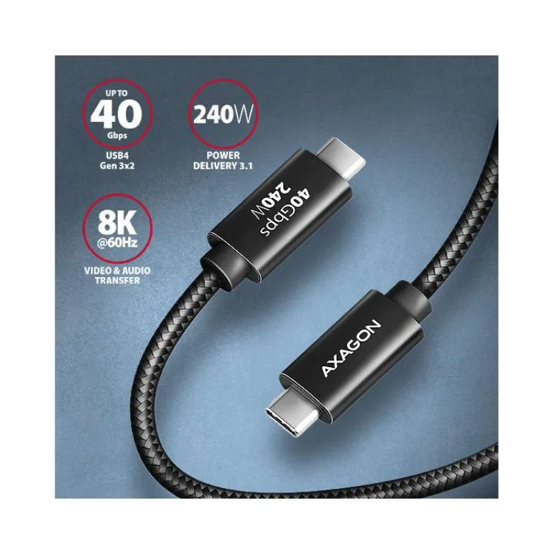 AXAGON BUCM4X-CM05AB NewGEN+ kabel USB-C - USB-C, 0.5m, USB4 Gen 3×2, PD 240W 5A, 8K HD, ALU, oplet, černý (BUCM4X-CM05AB)
