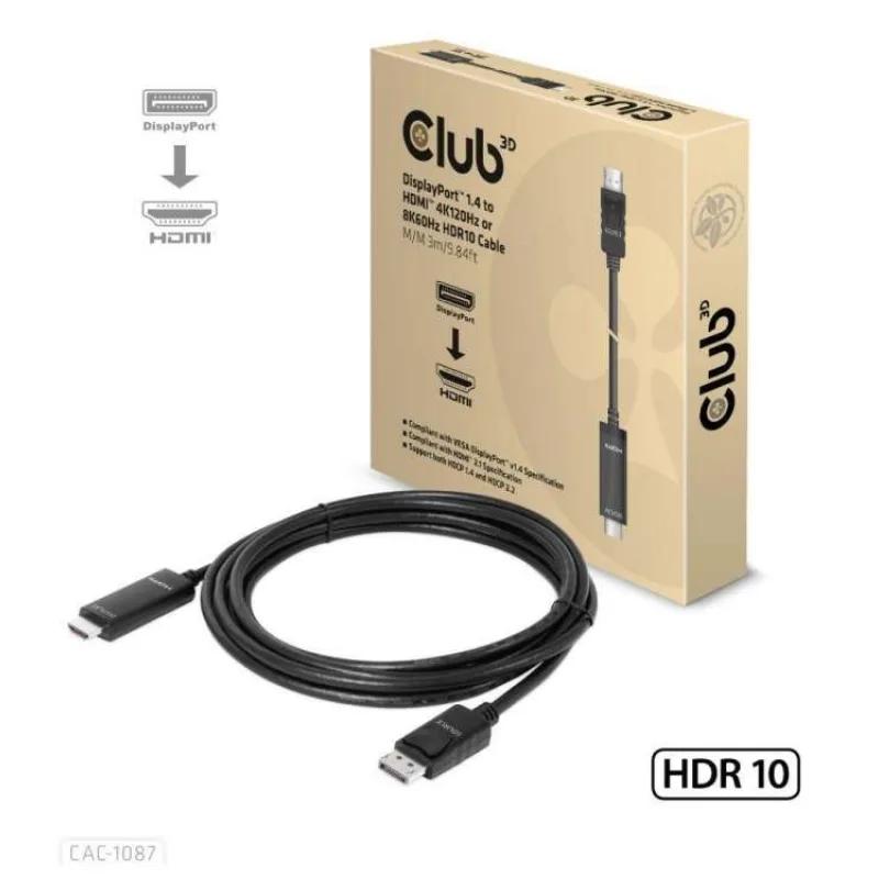 Club3D kábel DP 1.4 na HDMI, 4K120Hz alebo 8K60Hz HDR10, M/M, 3 m (CAC-1087)
