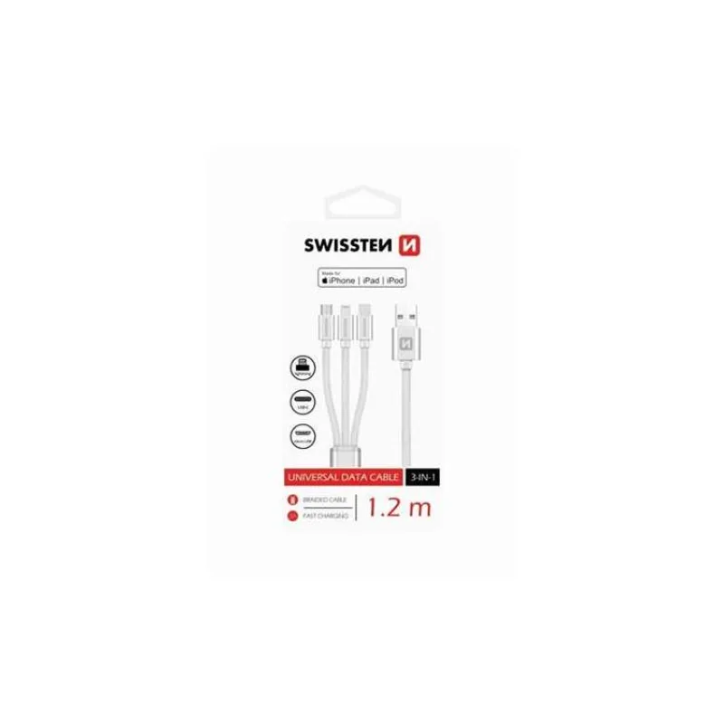 Swissten Datový kabel 3in1 MFi, 1,2 m, textilní, (micro USB, USB-C, Lightning) stříbrný (72501102)