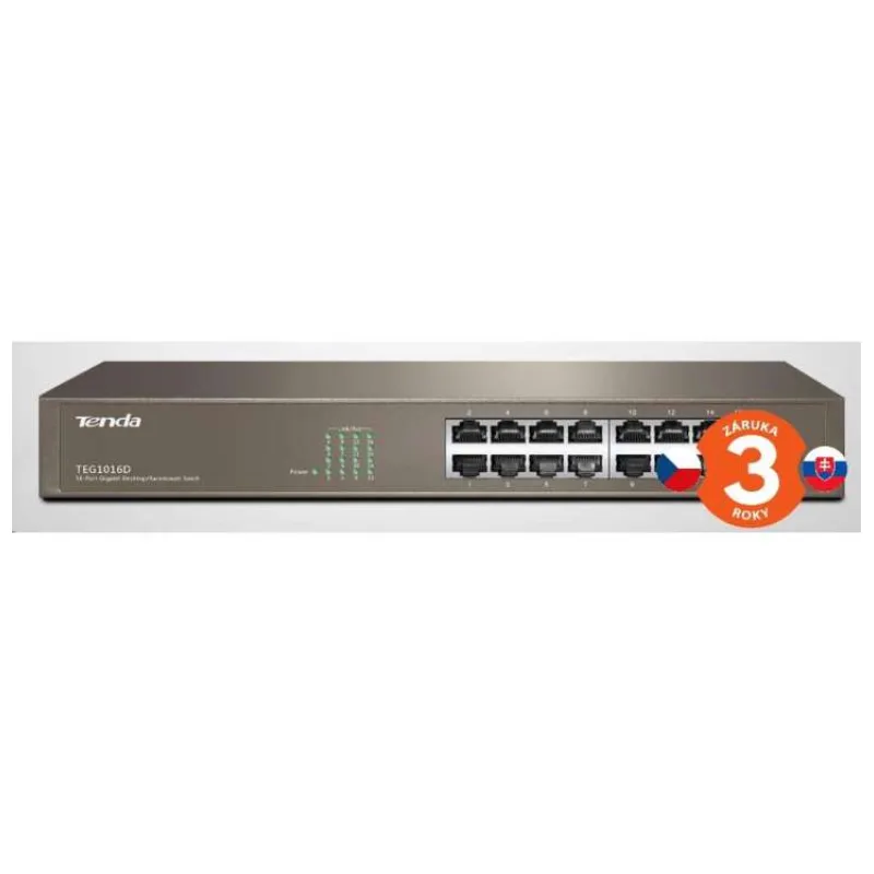 Tenda TEG1016D 16-portový gigabitový ethernetový prepínač, 10/100/1000 Mb/s, bez ventilátora, montáž do racku (TEG1016D)