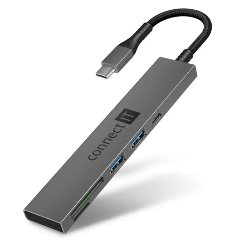 CONNECT IT CompactPRO USB-C hub + čtečka karet, (2xUSB-A 3.0, 1xUSB-C), externí, ANTRACITOVÝ (CHU-5150-AN)