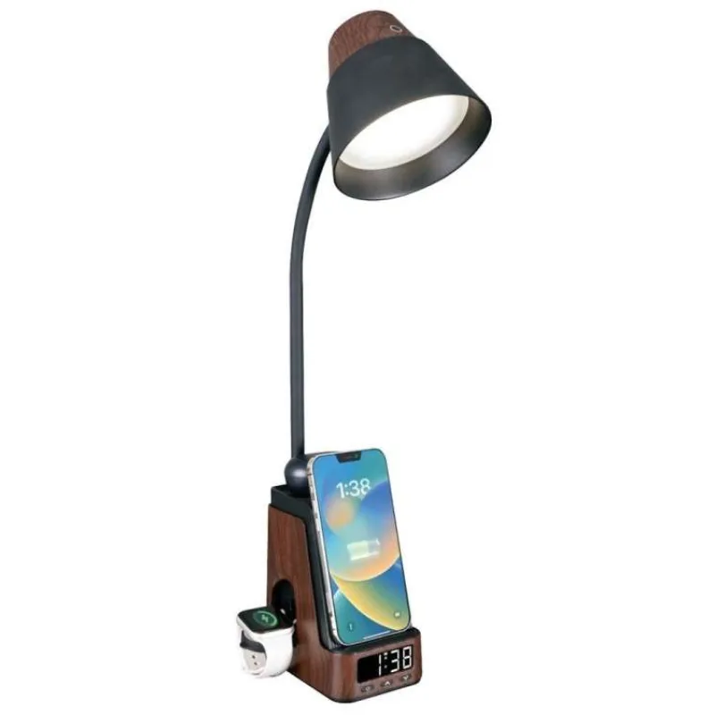IMMAX LED stolní lampička IDEAL/ Qi nabíjení/ CCT/ 8W/ 800lm/ budík s hodinami/ tmavé dřevo/černá (08999L)