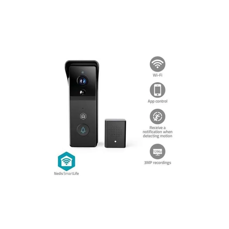 NEDIS Wi-Fi chytrý dveřní videotelefon/ 2304x1296 / 3Mpix/ napájení z baterie/ IP44/ snímač pohybu/ noční vidění/ černý (WIFICDP21BK)