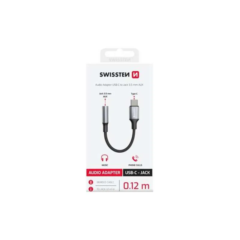 SWISSTEN AUDIO ADAPTÉR TEXTILE USB-C (samec) / 3,5mm AUX 0,15 M ČERNÝ (nahrazuje 73501301) (73502311)