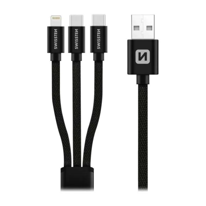 Swissten datový kabel textile 3in1 1,2 m černý (lightning, 2x usb-c) (72501103)
