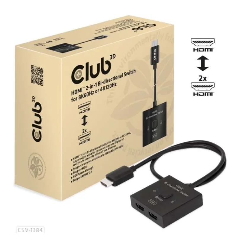 Club3D Switch, HDMI na 2xHDMI Oboustranný 2v1, 8K60Hz, 4K120Hz (CSV-1384)