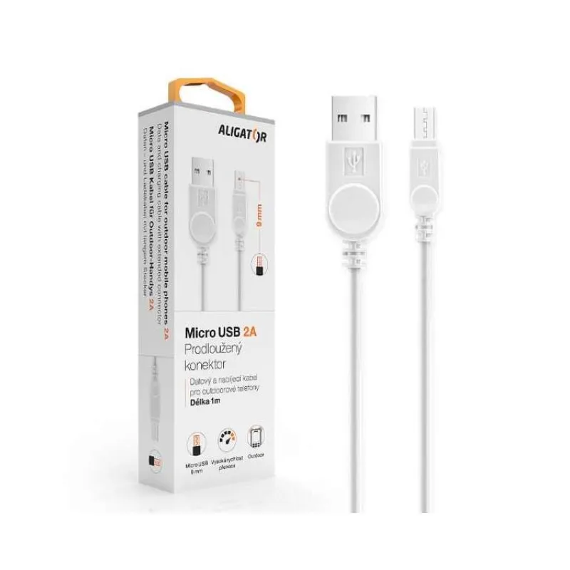 Aligator kabel microUSB prodloužený kon. 9mm Bílý (DAKAMUOUTWT)