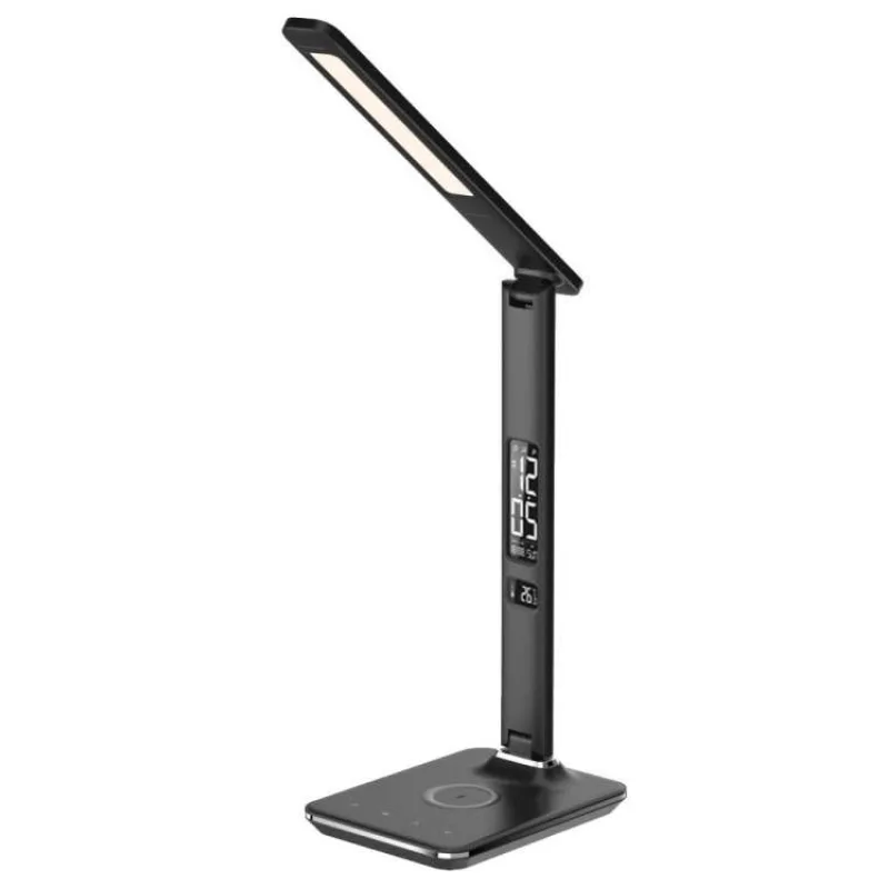 IMMAX LED stolní lampička Kingfisher/ Qi nabíjení/ 8,5W/ 400lm/ 12V/2,5A/ 3 barvy světla/ sklápěcí rameno/ černá (08965L)