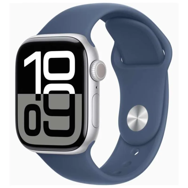 Apple Watch Series 10 GPS + Cellular 42mm Silver Aluminium Case with Denim Sport Band - S/M (MWX33QC/A)