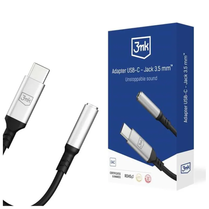 3mk adaptér USB-C/Jack 3,5mm (samice) 0,15m, černo-stříbrná (5903108518055)